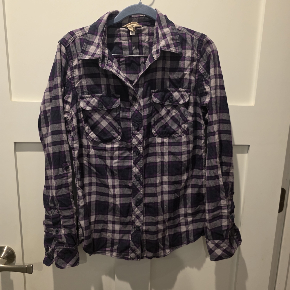 Duluth Trading Womens Crosscut Wicking Flannel Navy Plaid Shirt Roll Tab S